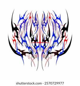 Abstract neo-tribal cyber sigilism vector design featuring sharp symmetrical lines in red, blue, and black. Ideal for tattoo art, apparel prints, stickers, and poster designs