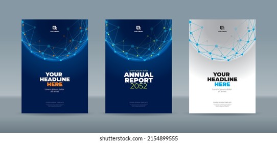 Abstract net trianggle polygon globe dark blue and white backgound with green and orange dot A4 size book cover template for annual report, magazine, booklet, proposal, portofolio, brochure, poster