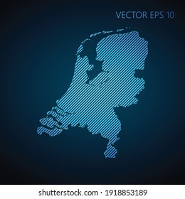 Abstract Netherlands map template made from blue diagonal lines on dark background. Vector illustration EPS10.