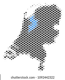 Abstract Netherlands map. Vector halftone geographic scheme. Cartographic dotted concept. Schematic Netherlands map is designed from regular round cell pattern.