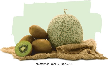 Abstract of Netted melon and kiwi with color paint on white background.