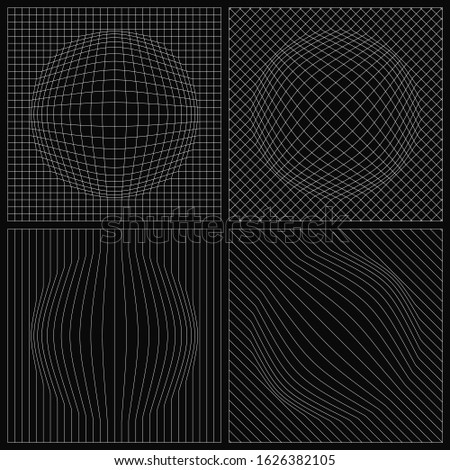 Abstract Netting with Bulge. Set of White Nettings on a Black Background. 