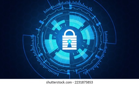 abstrakter Netzwerkkreis digitale Cyber-Sicherheit Padlock-Verbindung und Kommunikation futuristisch auf blauem Hintergrund.