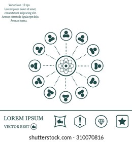 Abstract network with circles. Atom icon surrounded by user icons.