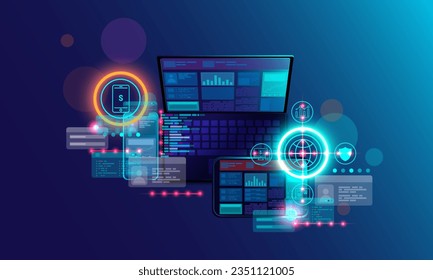 Resumen de la imagen de fondo de la tecnología de la comunicación en red, desarrollo web y programación de sitios web en pantalla de laptop, tablet y teléfono