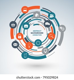 Abstract network connection with color strips and icons