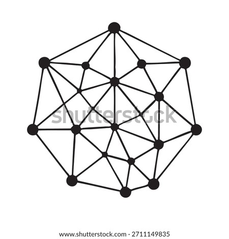 Abstract network connection of dots and lines forming a complex geometric shape. Concept of technology, internet, blockchain, neural network, and interconnected digital systems.