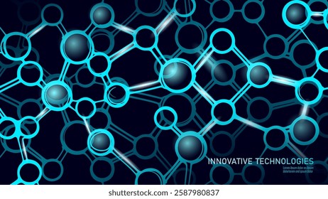 Abstract network connections background. Shiny nodes link with lines. Perfect for science, technology, or medical presentations. Modern style, low angle, dark blue backdrop