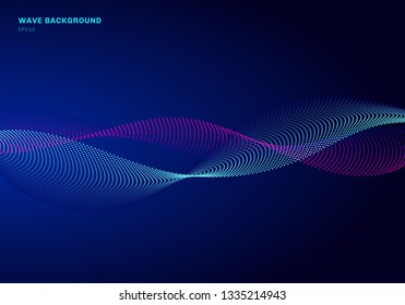 Abstract network design with particle blue and pink wave. Dynamic particles sound wave flowing on glowing dots dark background. Vector illustration