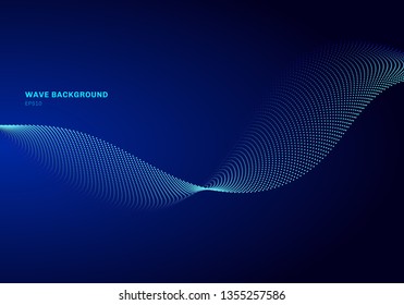 Abstract network design with particle light blue wave. Dynamic particles sound wave flowing on glowing dots dark background. Vector illustration