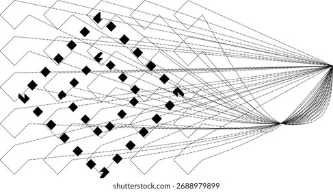 Abstract network diagram with black nodes and connecting lines symbolizing data flow, neural connections, communication, or digital information structure.
