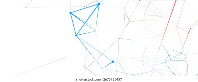 Uma rede abstrata de linhas finas e nós forma uma estrutura dinâmica em tons azuis e vermelhos. Formas geométricas criam uma sensação de comunicação digital, tecnologia e espaço virtual.