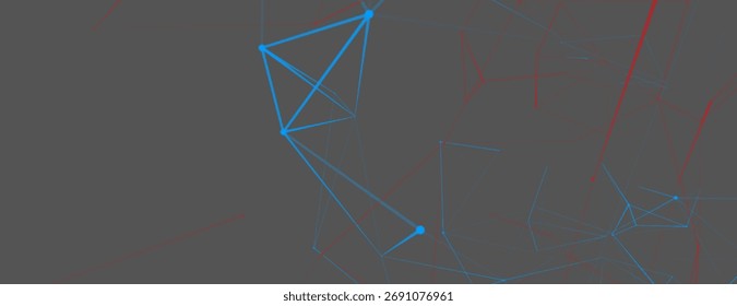 An abstract network of fine lines and nodes forms a dynamic structure in blue and red tones. Geometric shapes create a sense of digital communication, technology and virtual space.