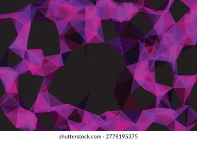 Abstract network of glowing pink and purple triangles on black background, plexus geometric