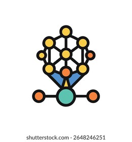 Abstract network illustration with connected circles. Flat design with orange yellow blue and teal against a White Background creating visual depth.