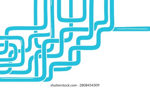 Abstract network of interlocking light blue hand-drawn pipes and tubes forming a complex industrial plumbing system over a white background for concepts of connectivity and flow.