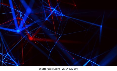 Una red abstracta, hecha en tonos oscuros con líneas rojas y azules brillantes, crea una sensación de profundidad y movimiento. Las conexiones sutiles y los nodos forman una estructura digital que recuerda a las conexiones tecnológicas o neuronales.