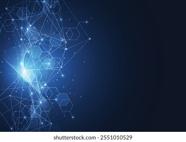 Abstract network technology communication blue hexagons background. Connection concept with mesh dots and lines innovation. Vector illustration