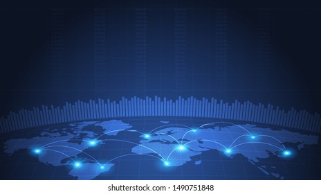 Abstract network technology with financial chart and globe horizon on blue color background