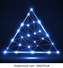 Abstract network in triangle with glowing dots and lines, network connections. Vector illustration. Eps 10