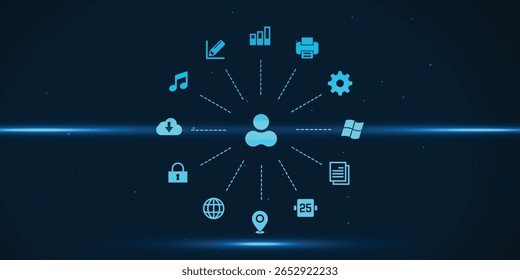 Interface de usuário de rede abstrata: conceito de tecnologia digital moderna, ícones de néon azul, estilo futurista