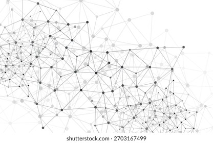 Visualização abstrata da rede mostrando nós e linhas interconectados formando uma estrutura de malha poligonal. Pontos pretos e cinza conectados por linhas finas criam uma computação em nuvem ou um padrão de rede de dados.