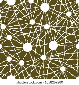Abstract network of white lines on an olive background. Vector seamless pattern. Design for fabric, print, wallpaper.