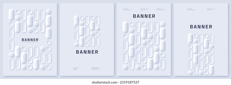 Abstract neumorphic template cover vector set. 3D geometric shapes. Colorful illustration on vertical A4 format. Design for greeting card, fashion, commercial, banner, posters, flyers, banners.