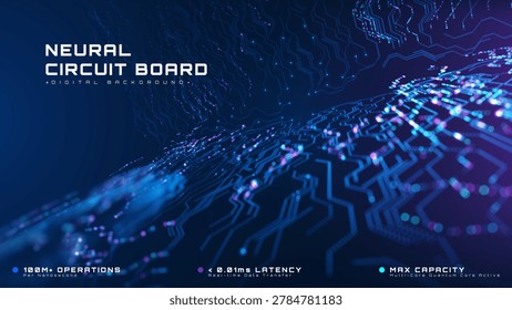 Abstract neural circuit board background with glowing blue lines. Future digital tech concept showing a smart AI microchip network.