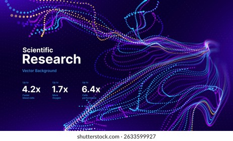 Flujo neuronal Abstractas o red bioeléctrica, flujos de partículas brillantes en azul y púrpura en la cuadrícula oscura, microbiología científica o visualización de IA. Ilustración vectorial.