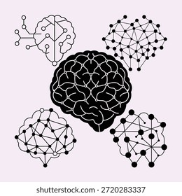 Pacote de vetores cerebrais de rede neural abstrato com cérebros feitos de pontos e linhas, estruturas de fluxo de dados, mapas de conexão e projetos de rede mínimos a complexos. Conceitos de inteligência artificial futurista e tecnologia digital isolados sobre fundo branco em estilo vetorial abstrato de gradiente limpo.