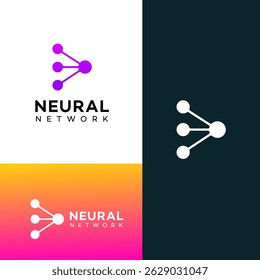 Variações de logotipo de rede neural abstratas mostradas em fundos brancos, azuis e escuros. Os nós azuis e brancos conectados por linhas representam a tecnologia da IA.