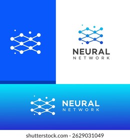 Abstract neural network logo variations shown on white, blue, and dark backgrounds. Blue and white nodes connected by lines represent AI technology.