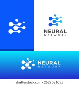 Variações de logotipo de rede neural abstratas mostradas em fundos brancos, azuis e escuros. Os nós azuis e brancos conectados por linhas representam a tecnologia da IA.