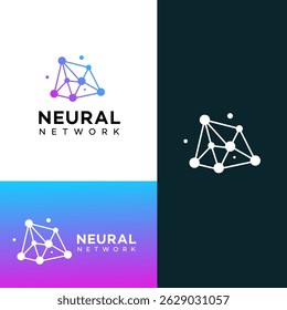 Variações de logotipo de rede neural abstratas mostradas em fundos brancos, azuis e escuros. Os nós azuis e brancos conectados por linhas representam a tecnologia da IA.