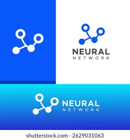 Variações de logotipo de rede neural abstratas mostradas em fundos brancos, azuis e escuros. Os nós azuis e brancos conectados por linhas representam a tecnologia da IA.