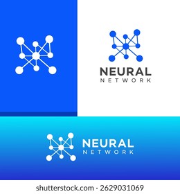 Variações de logotipo de rede neural abstratas mostradas em fundos brancos, azuis e escuros. Os nós azuis e brancos conectados por linhas representam a tecnologia da IA.