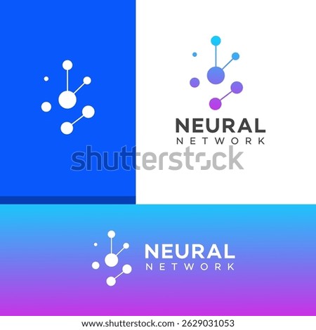 Abstract neural network logo variations shown on white, blue, and dark backgrounds. Blue and white nodes connected by lines represent AI technology.