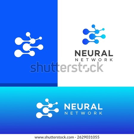 Abstract neural network logo variations shown on white, blue, and dark backgrounds. Blue and white nodes connected by lines represent AI technology.