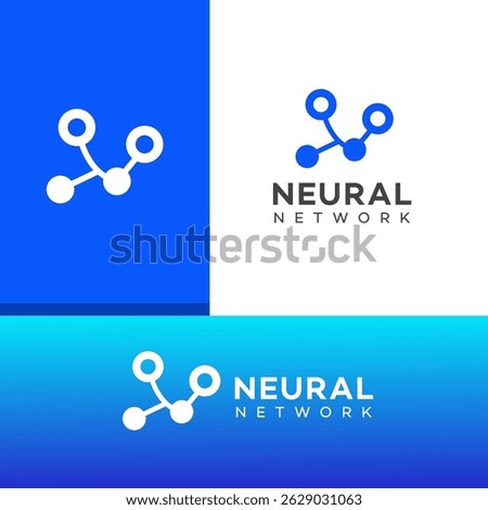 Abstract neural network logo variations shown on white, blue, and dark backgrounds. Blue and white nodes connected by lines represent AI technology.
