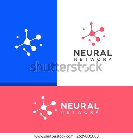 Abstract neural network logo variations shown on white, blue, and dark backgrounds. Blue and white nodes connected by lines represent AI technology.