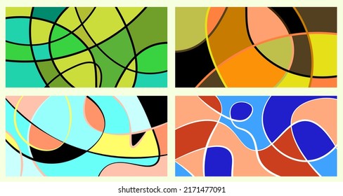 Abstract neurography. A set of 4 templates. Wavy stripes divide the plane into sectors. Neurographic design. Abstract bright pattern for cover, background, wallpaper.