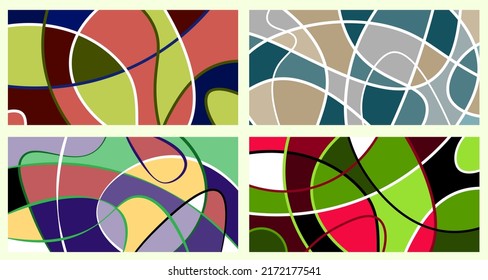 Abstract neurography. A set of 4 templates. Wavy stripes divide the plane into sectors. Neurographic design. Abstract bright pattern for cover, background, wallpaper.