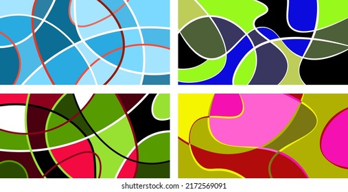 Neurografía abstracta. Un conjunto de 4 plantillas. Las rayas onduladas dividen el avión en sectores. Diseño neurográfico. Resumen de patrones brillantes para la cubierta, fondo, papel pintado.