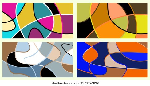 Abstract neurography. A set of 4 templates. Wavy stripes divide the plane into sectors. Neurographic design. Abstract bright pattern for cover, background, wallpaper.