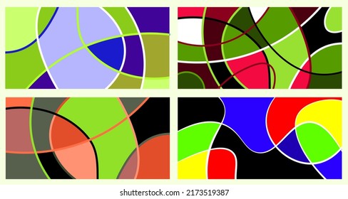 Abstract neurography. A set of 4 templates. Wavy stripes divide the plane into sectors. Neurographic design. Abstract bright pattern for cover, background, wallpaper.