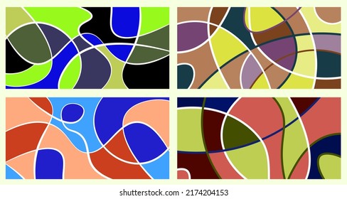 Abstract neurography. A set of 4 templates. Wavy stripes divide the plane into sectors. Neurographic design. Abstract bright pattern for cover, background, wallpaper.