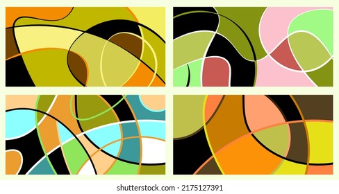 Abstract neurography. A set of 4 templates. Wavy stripes divide the plane into sectors. Neurographic design. Abstract bright pattern for cover, background, wallpaper.