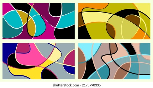 Abstrakte Neurografie. Ein Satz von 4 Vorlagen. Schwere Streifen teilen das Flugzeug in Sektoren. Neurografisches Design. Abstraktes helles Muster für Cover, Hintergrund, Tapete.