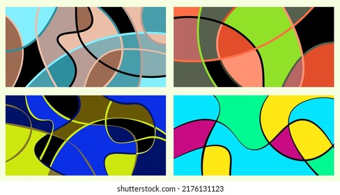 Abstract neurography. A set of 4 templates. Wavy stripes divide the plane into sectors. Neurographic design. Abstract bright pattern for cover, background, wallpaper.